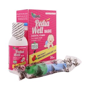 قطره خوراکی پدیاول بیسیک ای ام اس  با طعم تمشک 30 میلی لیتر - AMS Pedia Well - تقویت و رشد قد و استخوان کودکان - حاوی ویتامین‌های A، D، C