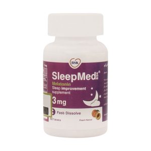 قرص زیر زبانی اسلیپ مد 3 میلی گرم 60 عددی با طعم هلو بی اس کی-Sleep Med -کمک به تنظیم سیکل خواب و بیداری-موثر در رفع استرس و اضطراب-برطرف کردن اختلالات خواب