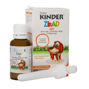 قطره خوراکی زیراد فیشر کیندر ۳۰ میلی لیتر - Fisher Kinder Zirad Drop -قطره زیراد فیشر کیندر، مکمل غذایی کودک، ویتامین A، ویتامین D، آهن لیپوزومال، زینک،